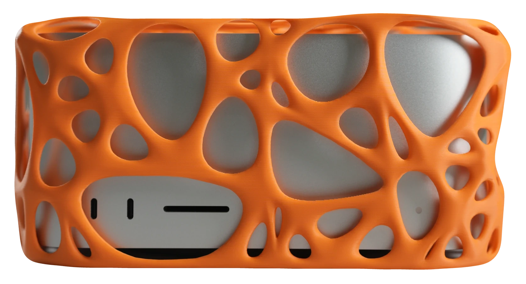 Front view of the orange EXO 01 enclosure fitted around a Mac Studio